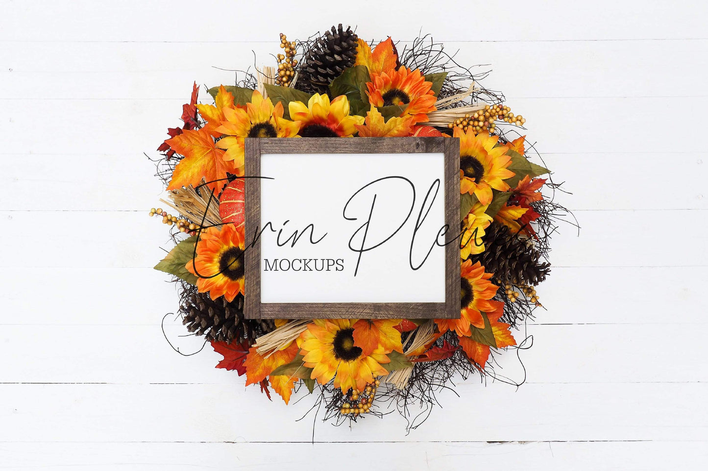 Erin Plewes Mockups Wood Sign Mockup 8x10, Fall Farmhouse Sign Mock Up, Rustic Wood Frame Mock-up, Fall Sign Flatlay with Pumpkins and Sunflowers