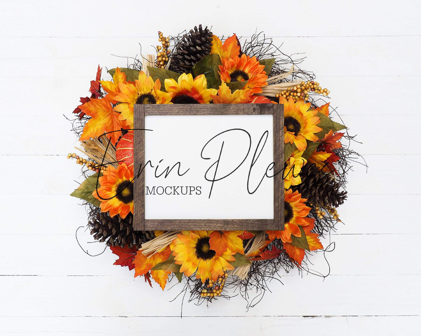 Erin Plewes Mockups Wood Sign Mockup 8x10, Fall Farmhouse Sign Mock Up, Rustic Wood Frame Mock-up, Fall Sign Flatlay with Pumpkins and Sunflowers