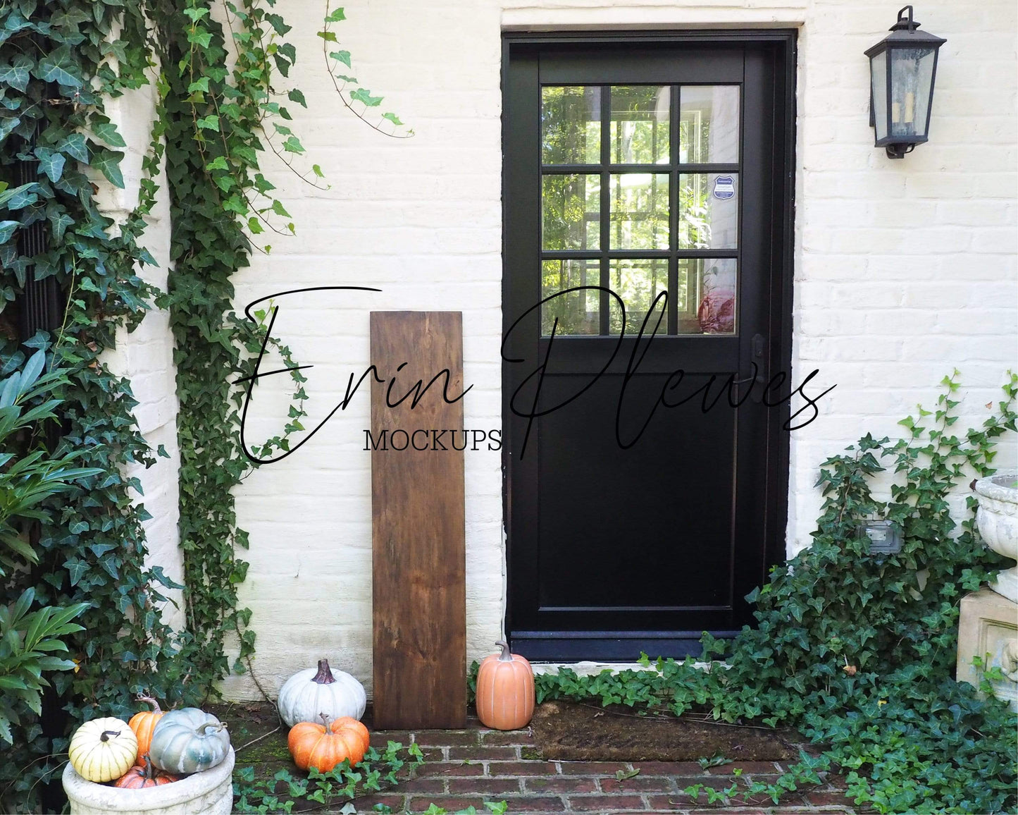 Erin Plewes Mockups Wood Sign Mockup Large, Front Porch Sign Mock Up with Pumpkins, Rustic Brown Wood Frame Mock-up 12" x 48", Farmhouse Style Mock Up Outside