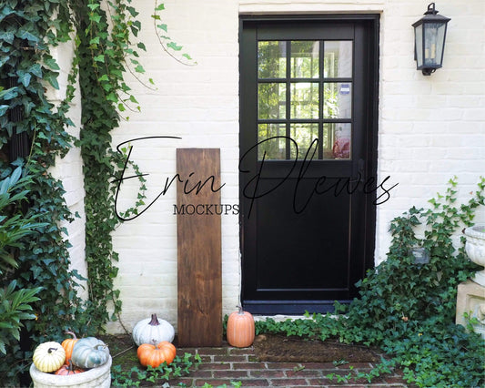 Erin Plewes Mockups Wood Sign Mockup Large, Front Porch Sign Mock Up with Pumpkins, Rustic Brown Wood Frame Mock-up 12" x 48", Farmhouse Style Mock Up Outside