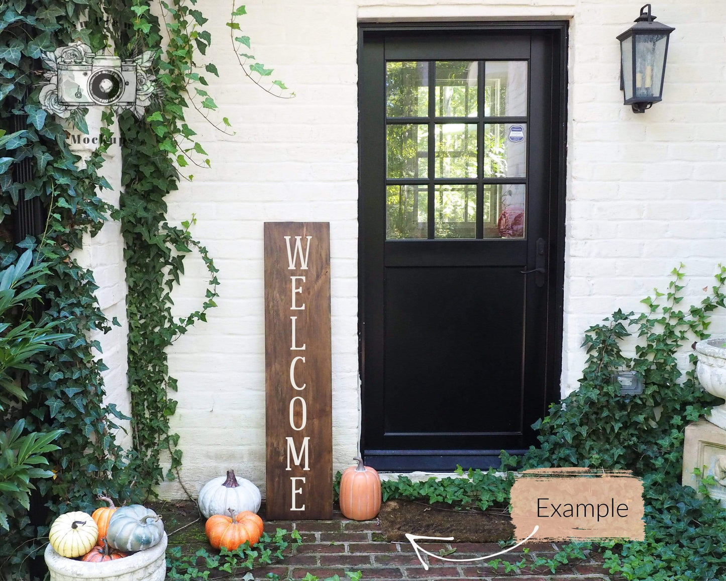 Erin Plewes Mockups Wood Sign Mockup Large, Front Porch Sign Mock Up with Pumpkins, Rustic Brown Wood Frame Mock-up 12" x 48", Farmhouse Style Mock Up Outside