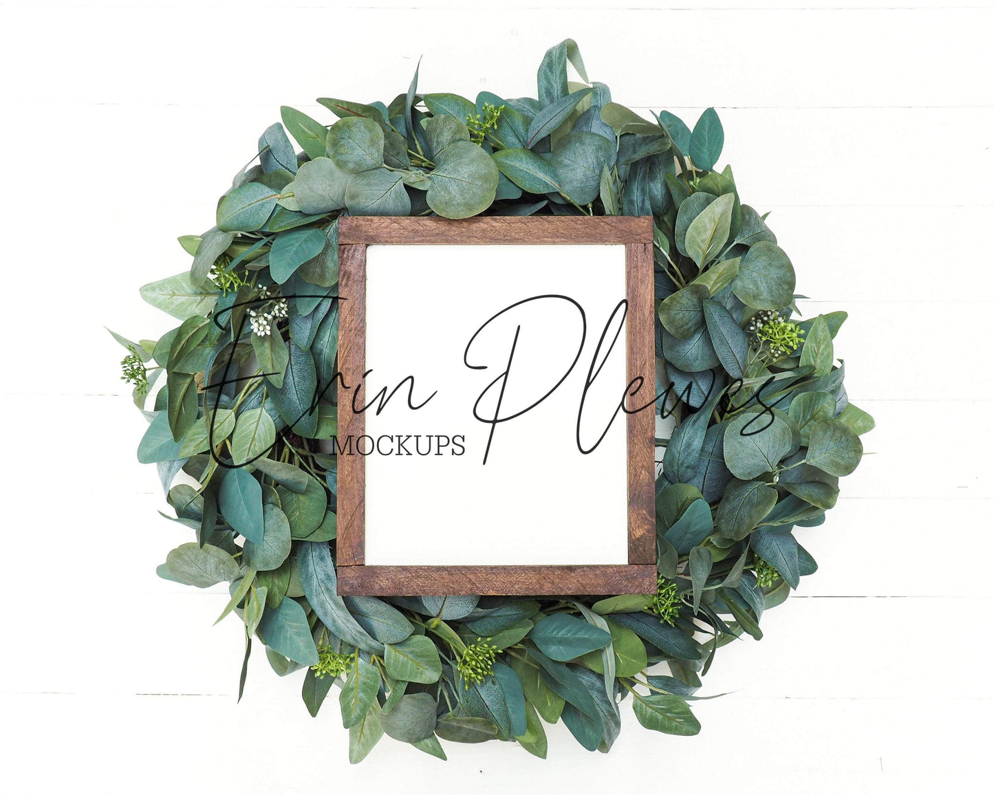 Erin Plewes Mockups Wood Sign Mockup Vertical, 8x10 Frame Mockup, Farmhouse Sign Mock Up with Christmas Wreath, Instant Digital Download Jpeg