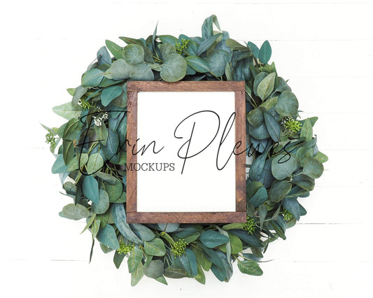 Erin Plewes Mockups Wood Sign Mockup Vertical, 8x10 Frame Mockup, Farmhouse Sign Mock Up with Christmas Wreath, Instant Digital Download Jpeg
