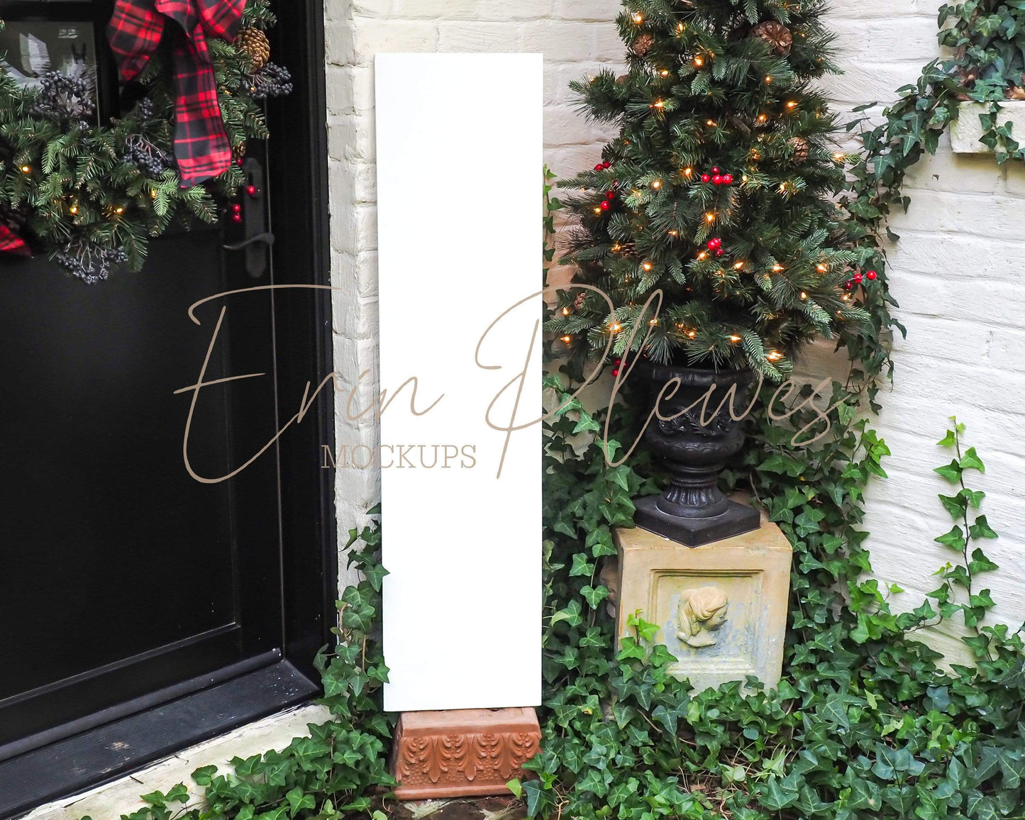 Erin Plewes Mockups Wood Sign Mockup, White Porch Sign Mock-up styled for Christmas, Vertical Sign Mock Up 1'x48", Rustic Wood Frame Mock Ups