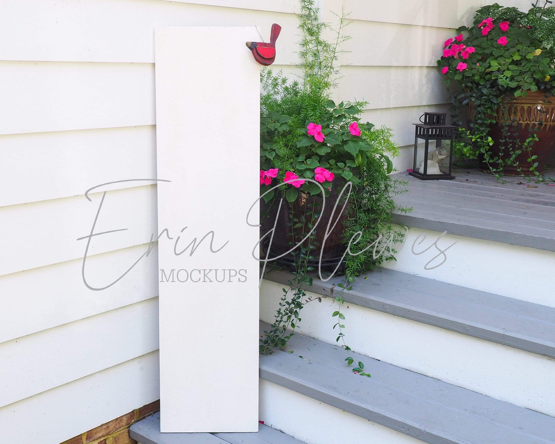 Erin Plewes Mockups Wood Sign Mockup, White Porch Sign Mock Up, Vertical Sign Mock-up 1' x 4',  Wood Frame Mockup, Styled Product Stock Photography