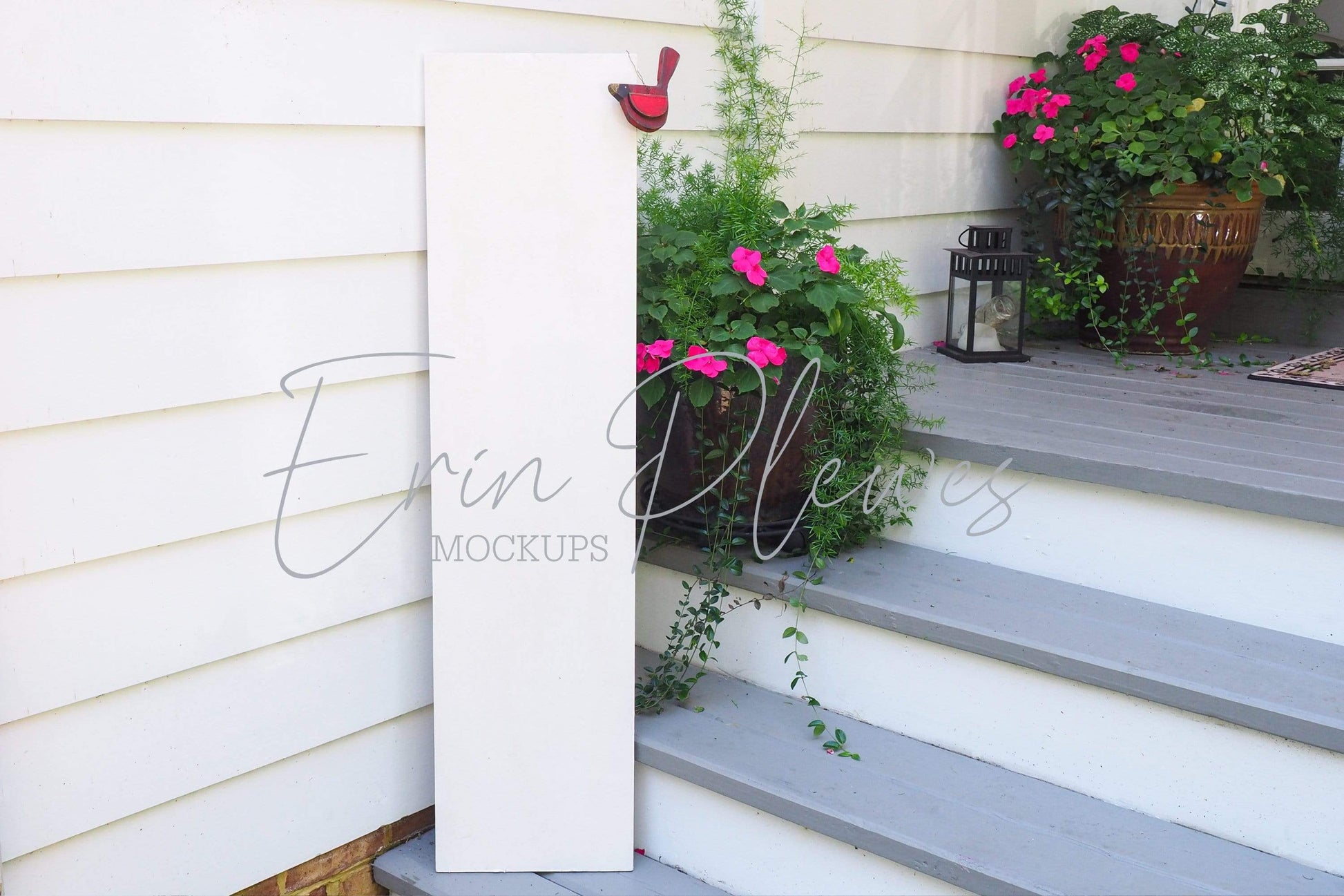 Erin Plewes Mockups Wood Sign Mockup, White Porch Sign Mock Up, Vertical Sign Mock-up 1' x 4',  Wood Frame Mockup, Styled Product Stock Photography