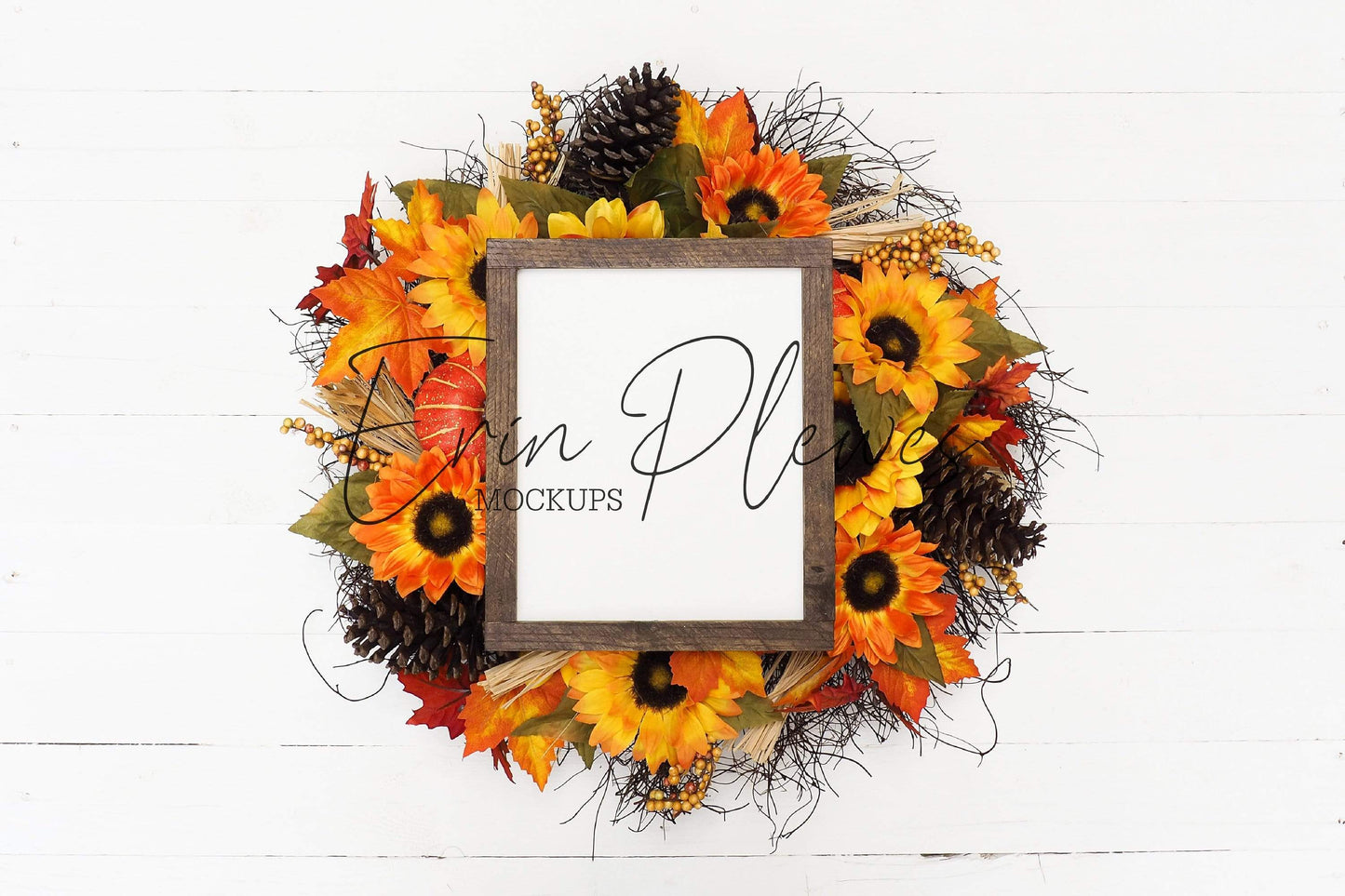 Erin Plewes Mockups Farmhouse Wood Sign Mockup, 8x10 Fall Sign Mock Up, Autumn Sign Flat Lay with Pumpkins and Sunflowers, Rustic Wood Frame Mock-up Vertical