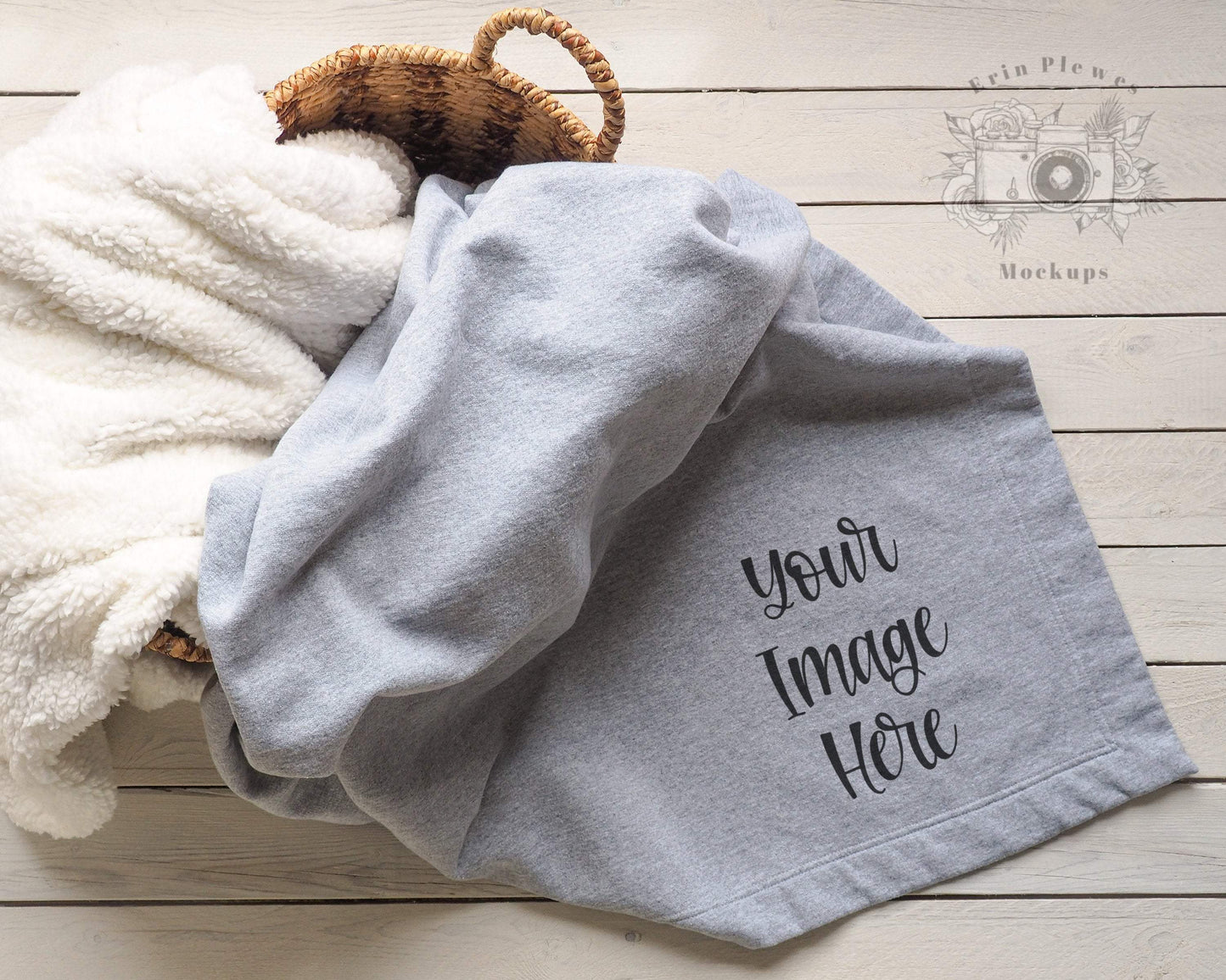 Erin Plewes Mockups Gildan Blanket Mockup, Stadium blanket mockup in a basket on rustic wood for lifestyle stock photography, Fleece blanket mock up jpeg