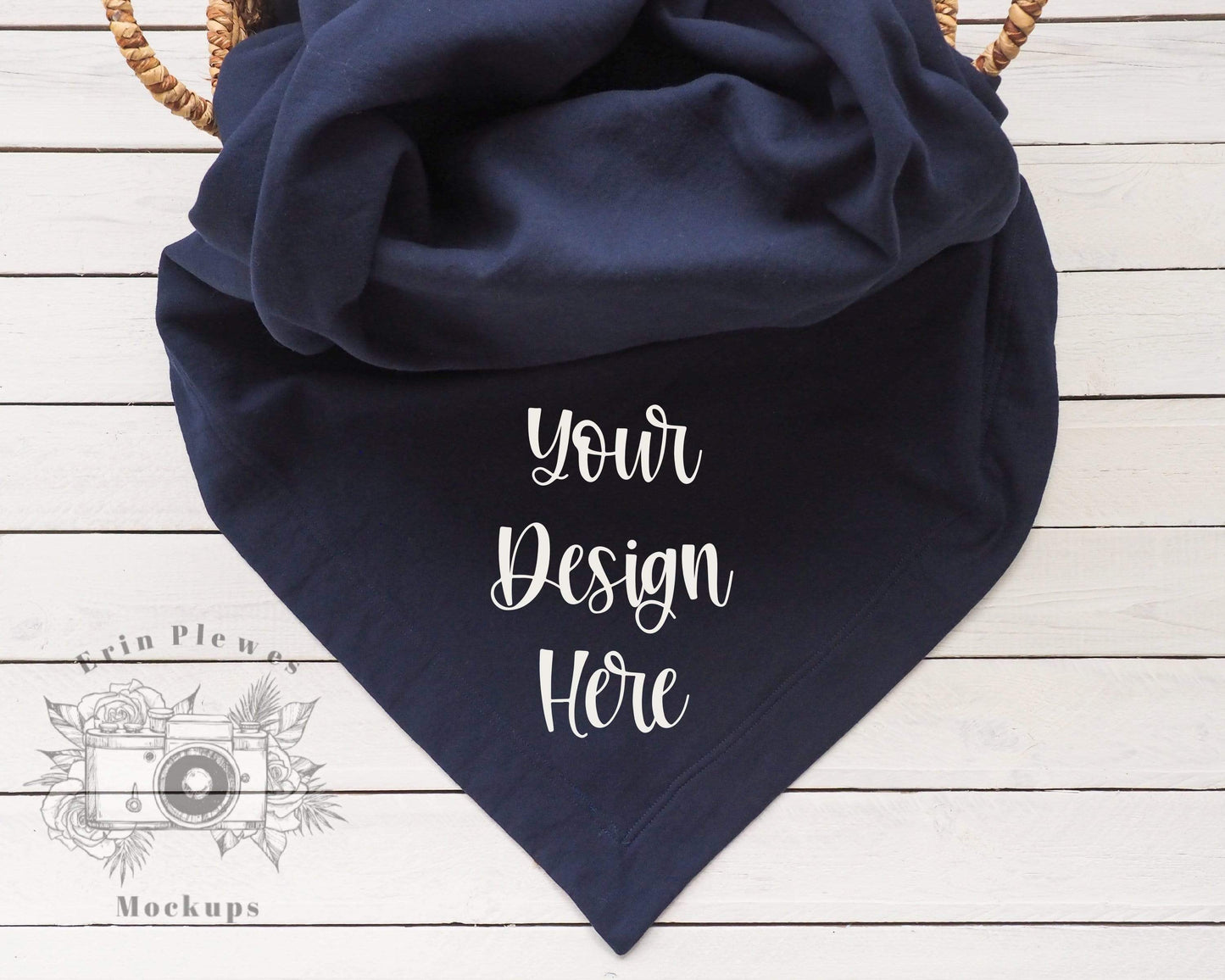 Erin Plewes Mockups Gildan Navy Blanket Mockup, Sweatshirt Blanket Lifestyle Stock Photo