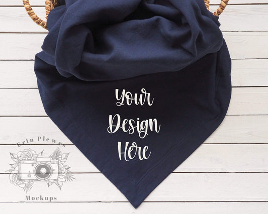 Erin Plewes Mockups Gildan Navy Blanket Mockup, Sweatshirt Blanket Lifestyle Stock Photo