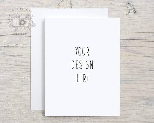 Erin Plewes Mockups Greeting card mockup with white envelope, A2 Thank you card mock-up with rustic wood background, A2 Card Mock Up