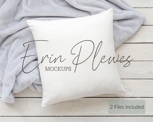 Pillow Case Mockup, Pillow mockup with gray blanket for lifestyle stock photo, Square pillow mock up, Jpeg Digital Download