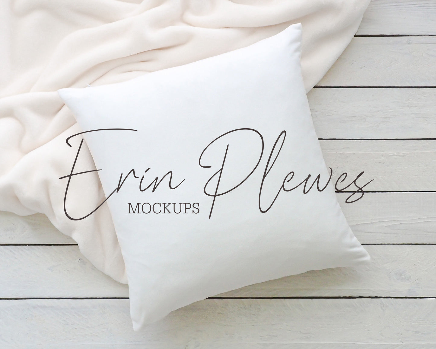 Pillow Mock ups, Pillow case mockup with white blanket on rustic wood floor, Minimalist cushion stock photo, Jpeg Instant Digital Download