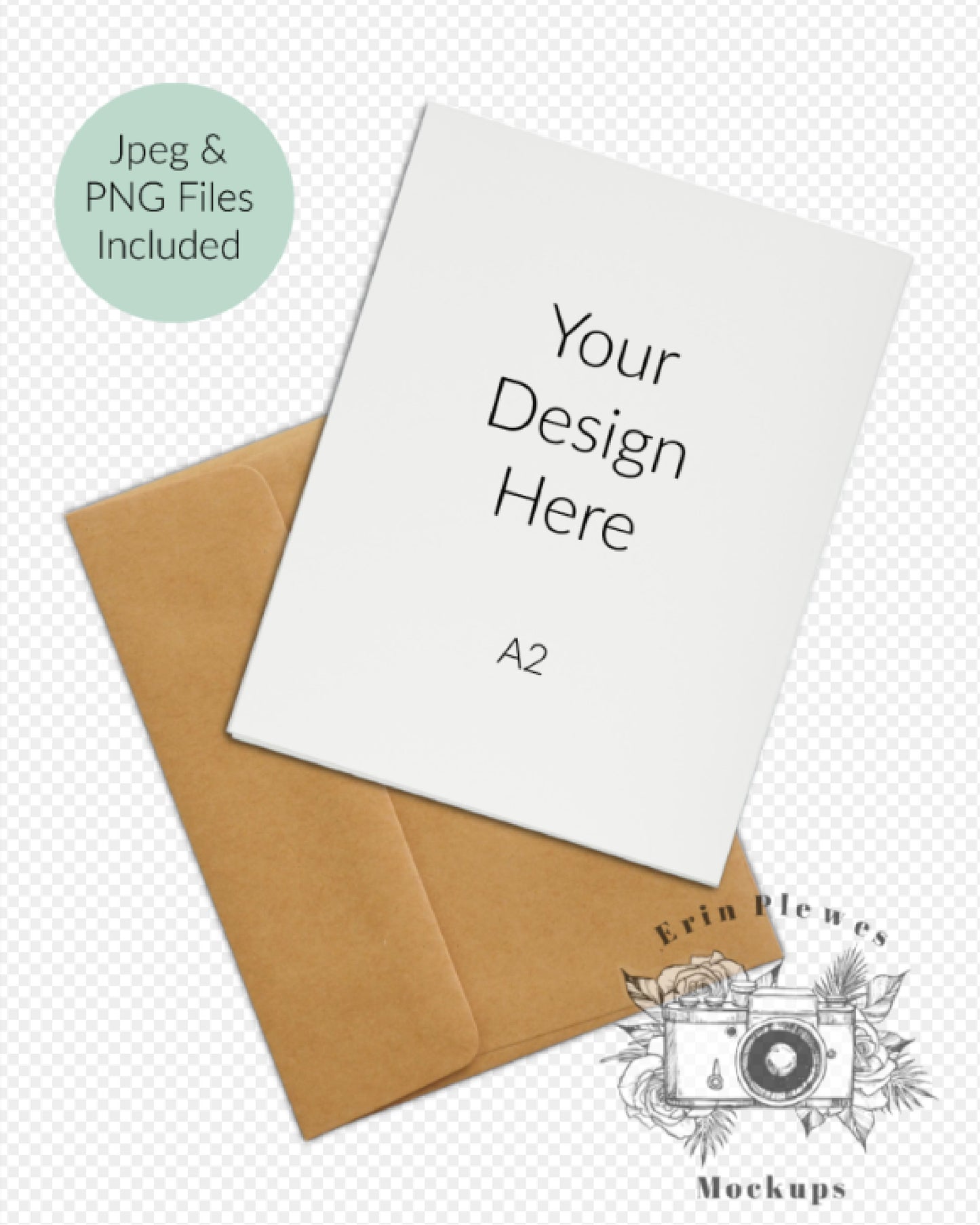 A2 Card Mockup Back, Back of card mock up with kraft envelope, Minimal note card stock photo, Jpeg PNG Instant Digital Download