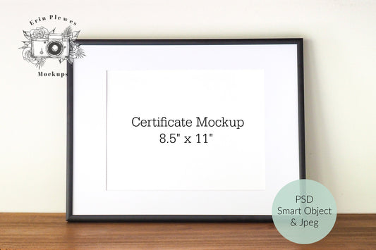 Frame Mockup 11 x 8.5, Certificate Mockup with Mat and Black Frame 8.5&quot; x 11&quot;, Black Frame Smart Object Mock Up, Instant Digital Download