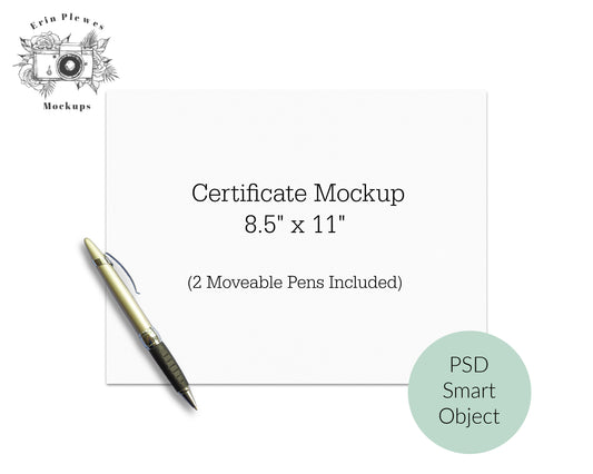 Letter Sized Paper Mockup 8.5 x 11, Certificate Mockup on White Background, Moveable Pen PSD Smart Object Mock-up, Instant Digital Download