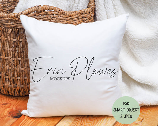 Pillow Mockup, Square Pillow Mock Up PSD Smart Object, Cushion Lifestyle Stock Photo, White Pillow Case Mock-up Digital Download Template