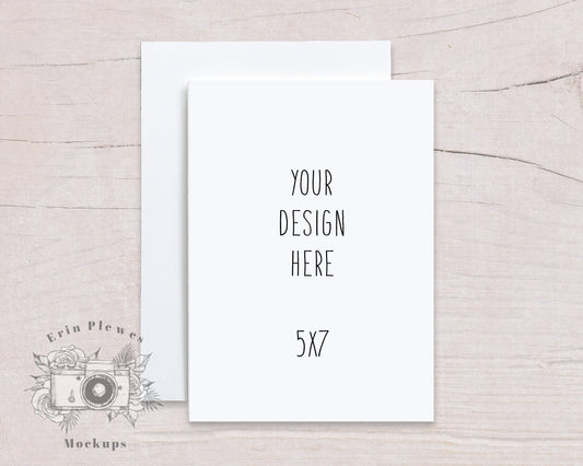 5x7 Card Mockup with White Envelope on Beige Wood, Thank You Card Mock Up, Invite Flat Lay for Rustic Wedding, Jpeg Instant Digital Download