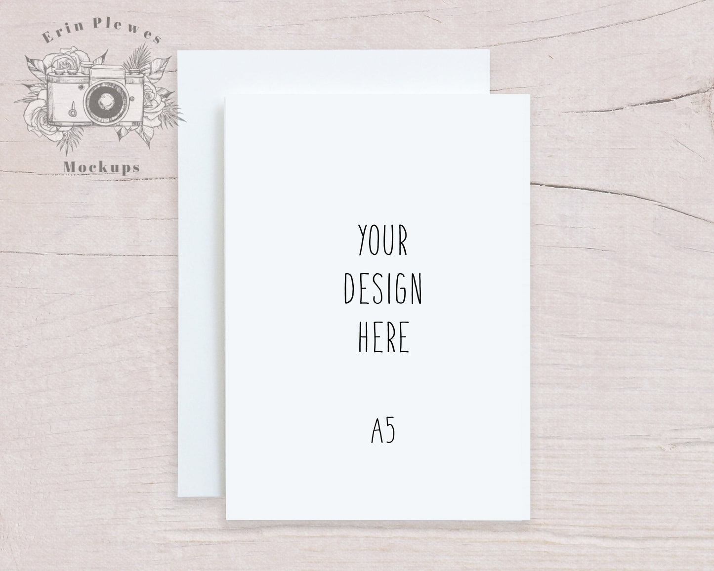 A5 Card Mockup with White Envelope on Beige Wood, Invitation Mock Up, Flat Lay for Rustic Wedding, Jpeg Instant Digital Download