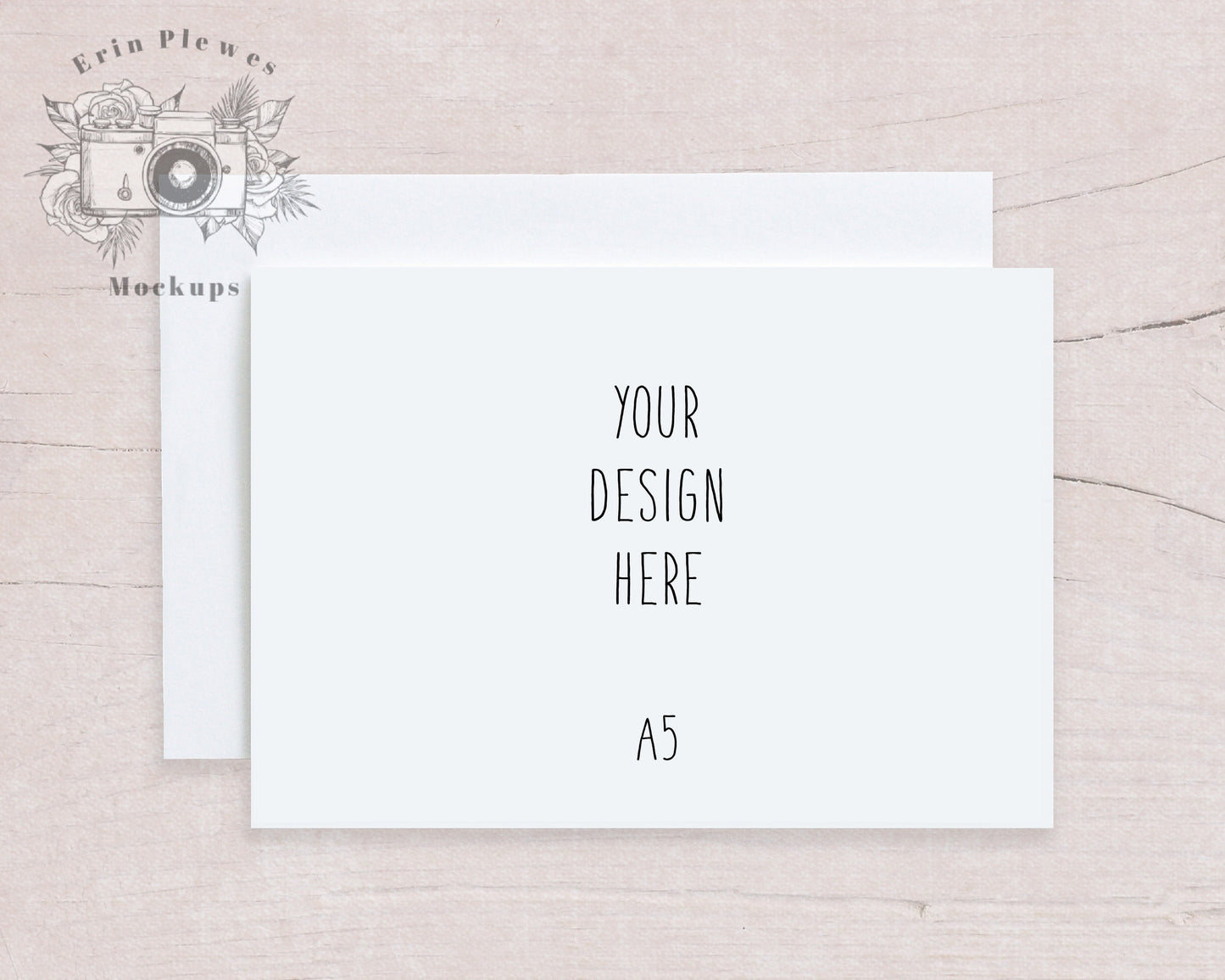 A5 Card Mock Up with White Envelope on Beige Wood, Stationery Mockup, Flat Lay for Rustic Wedding, Jpeg Instant Digital Download