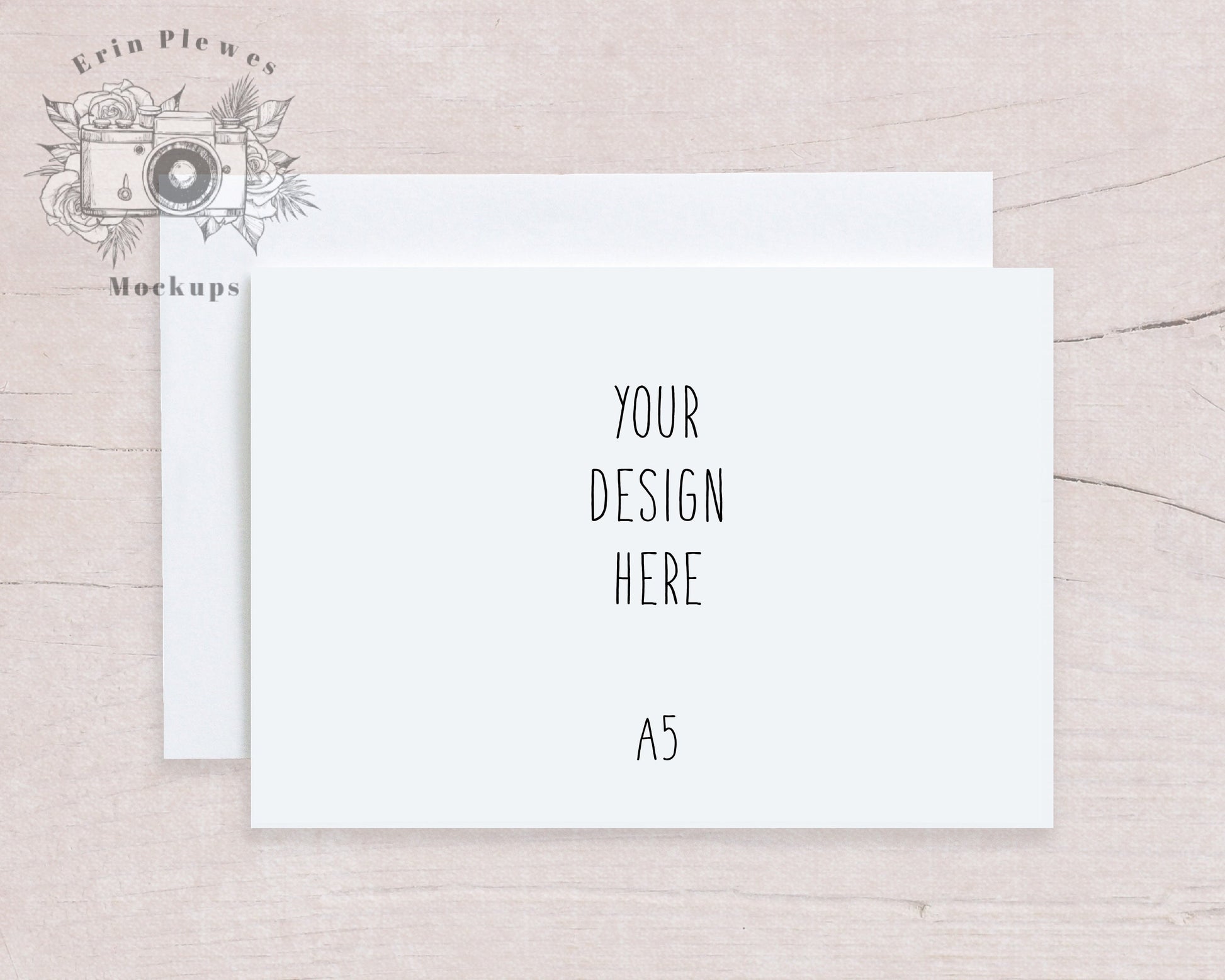 A5 Card Mock Up with White Envelope on Beige Wood, Stationery Mockup, Flat Lay for Rustic Wedding, Jpeg Instant Digital Download