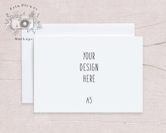 A5 Card Mock Up with White Envelope on Beige Wood, Stationery Mockup, Flat Lay for Rustic Wedding, Jpeg Instant Digital Download