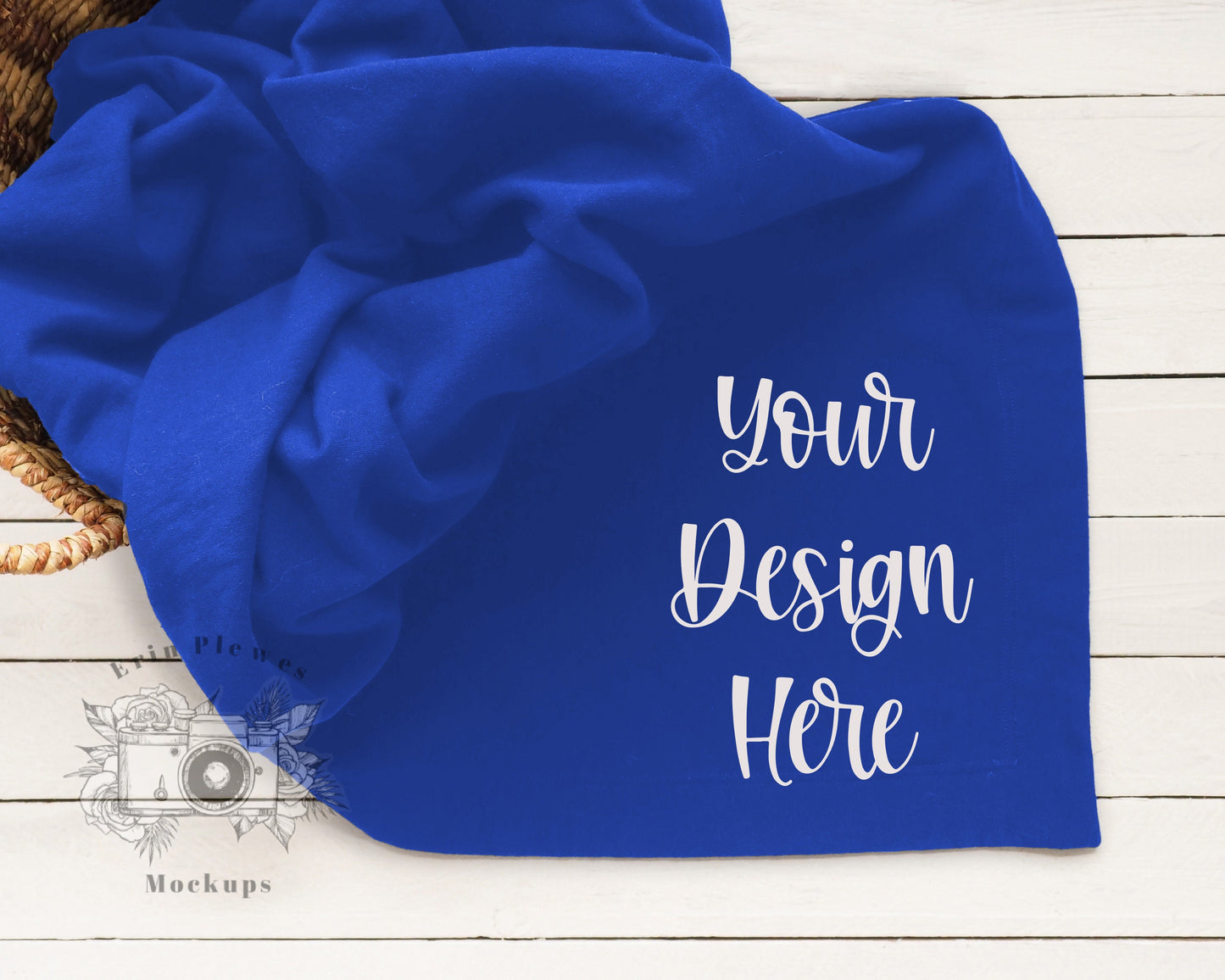 Blanket Mockup Royal Blue, Gildan fleece blanket mockup in a basket for lifestyle stock photography, Stadium blanket mock up template