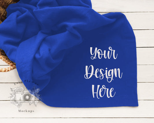 Blanket Mockup Royal Blue, Gildan fleece blanket mockup in a basket for lifestyle stock photography, Stadium blanket mock up template