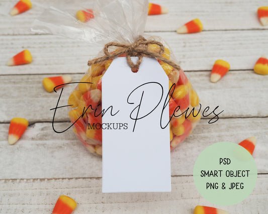 Halloween Tag Mockup, Gift Tag Mockup with Candy PSD Smart Object, Party Favor Lifestyle Stock Photo, Instant Digital Download