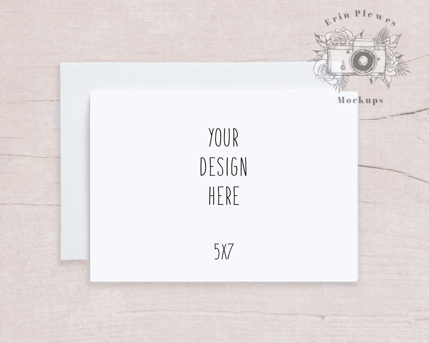 Card Mockup 5x7 with White Envelope on Beige Wood, Thank You Note Mock Up, Invitation Flat Lay for Rustic Wedding, Jpeg Instant Download