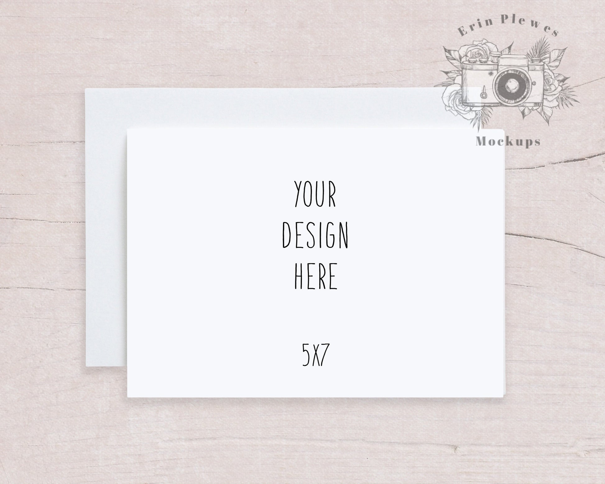 Card Mockup 5x7 with White Envelope on Beige Wood, Thank You Note Mock Up, Invitation Flat Lay for Rustic Wedding, Jpeg Instant Download
