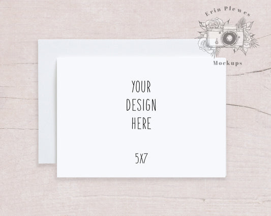 Card Mockup 5x7 with White Envelope on Beige Wood, Thank You Note Mock Up, Invitation Flat Lay for Rustic Wedding, Jpeg Instant Download