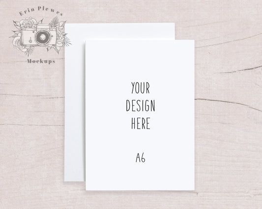 A6 Card Mockup with White Envelope on Beige Wood, A-6 Stationery Mock-Up, Rustic Card Flat Lay, Jpeg Instant Digital Download