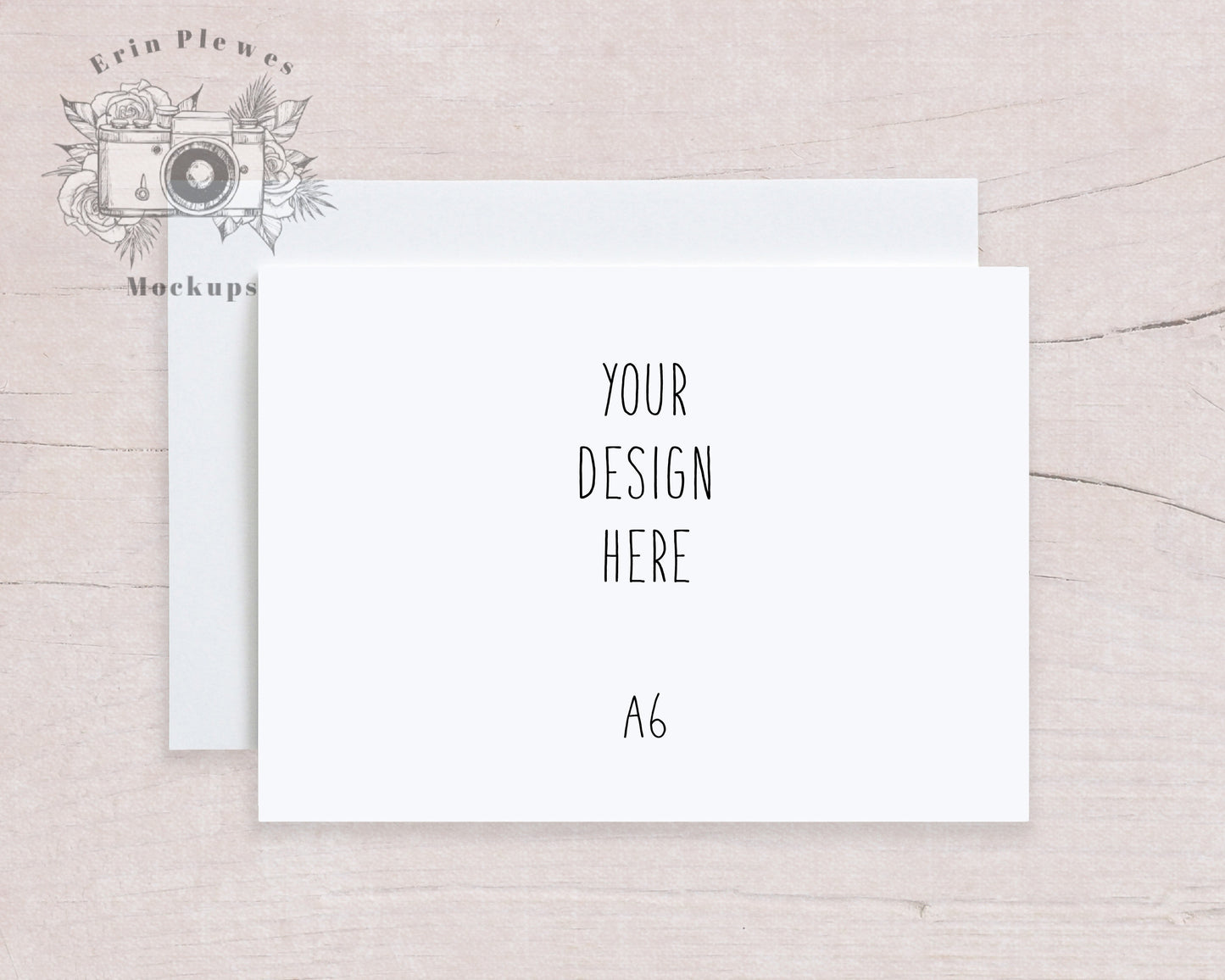 A6 Card Mockup, Greeting Card Mock Up with White Envelope on Beige Wood, A-6 Stationery Mock-Up, Jpeg Instant Digital Download