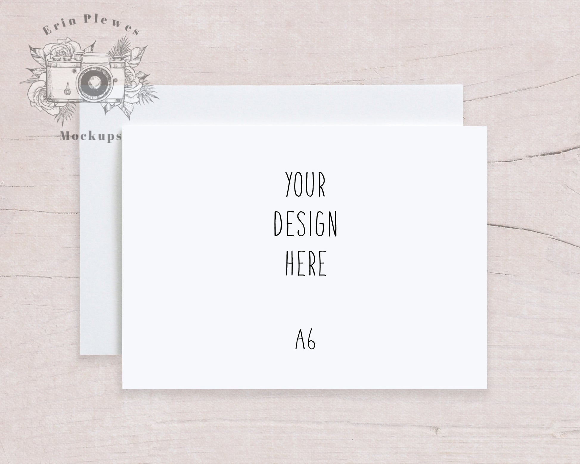 A6 Card Mockup, Greeting Card Mock Up with White Envelope on Beige Wood, A-6 Stationery Mock-Up, Jpeg Instant Digital Download