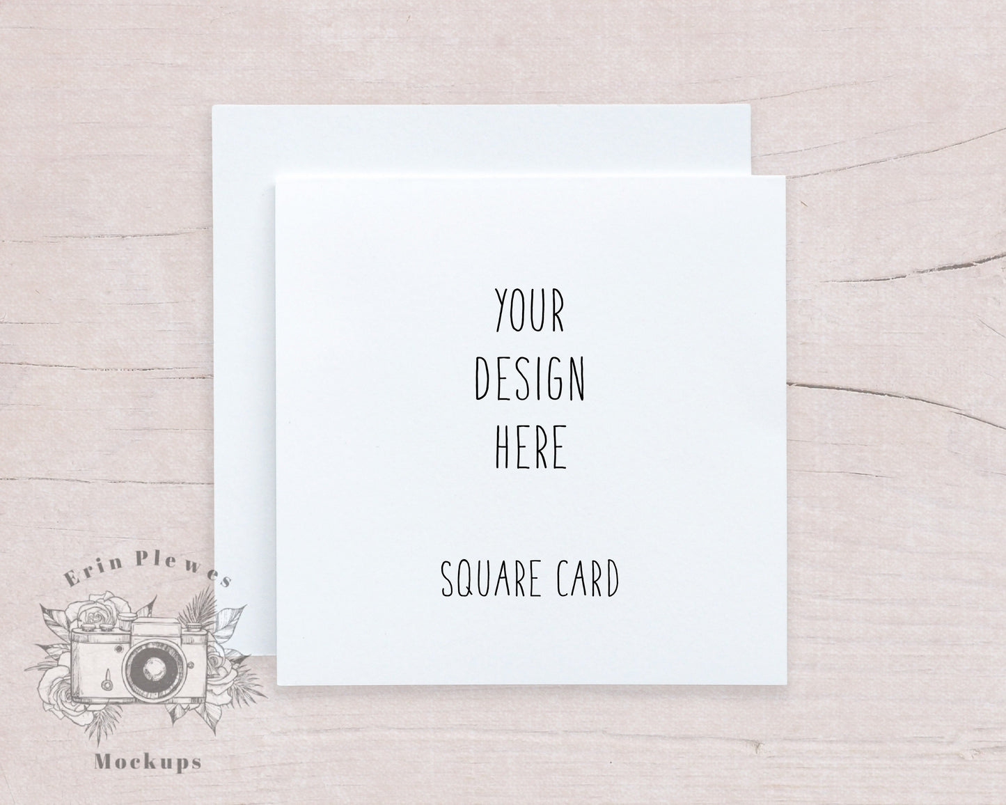 Square Card Mockup, Greeting Card Mock Up with White Envelope on Beige Wood, Square Stationery Flat Lay, Jpeg Instant Digital Download