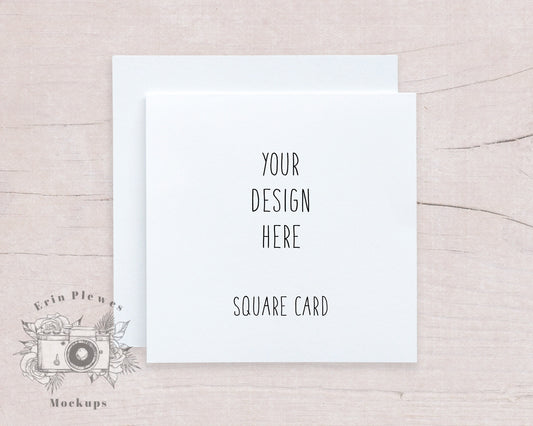 Square Card Mockup, Greeting Card Mock Up with White Envelope on Beige Wood, Square Stationery Flat Lay, Jpeg Instant Digital Download