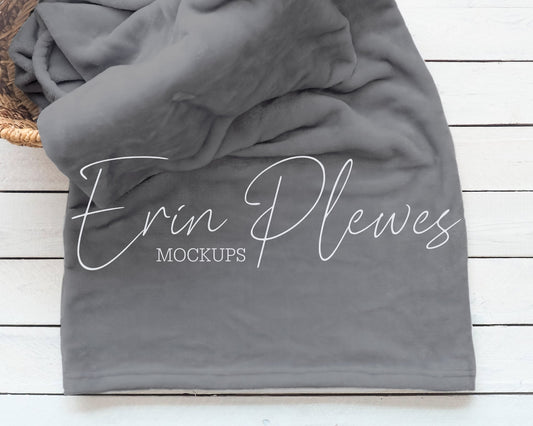 Gray Blanket Mockup, Fleece Blanket Mock Up in a Basket, Minky Blanket Mock-up, Lifestyle Stock Photo, Instant Download Jpeg