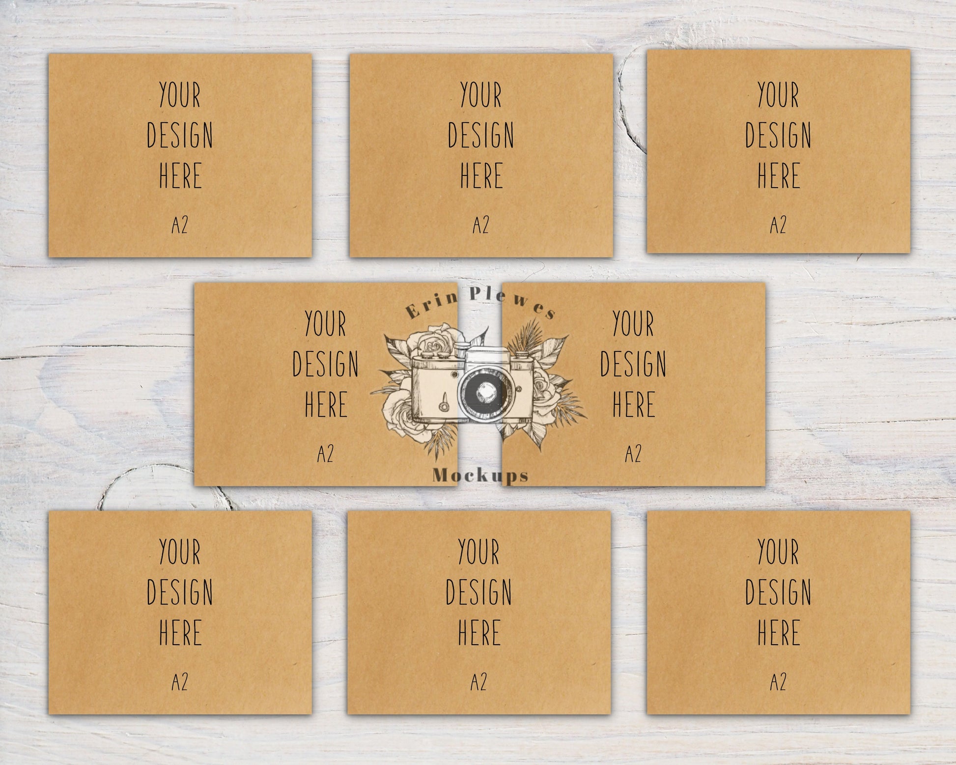 A2 Kraft Card Mockup Suite Landscape, Front Back Greeting Card Mock Up, Stationery Set 8 Card Mock Ups, Jpeg Instant Digital Download