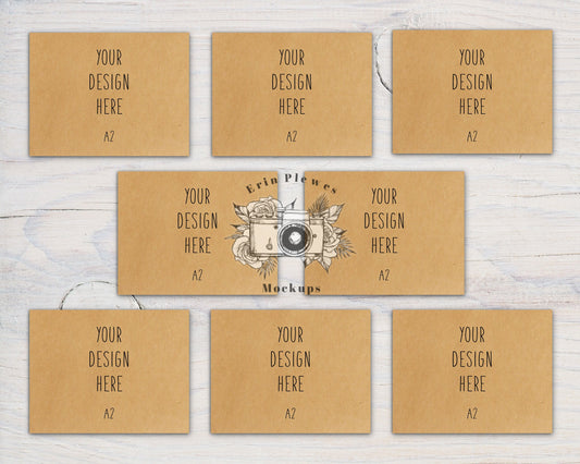 A2 Kraft Card Mockup Suite Landscape, Front Back Greeting Card Mock Up, Stationery Set 8 Card Mock Ups, Jpeg Instant Digital Download
