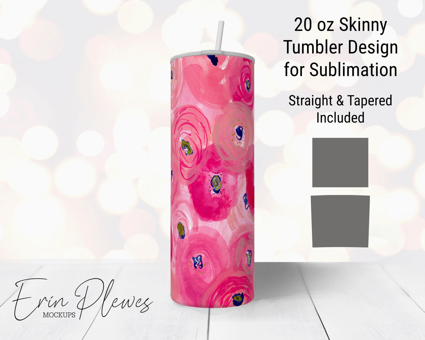 Floral 20oz Skinny Tumbler Design Sublimation PNG, Watercolor Roses Straight and Tapered 20 oz Tumbler Digital Download Template