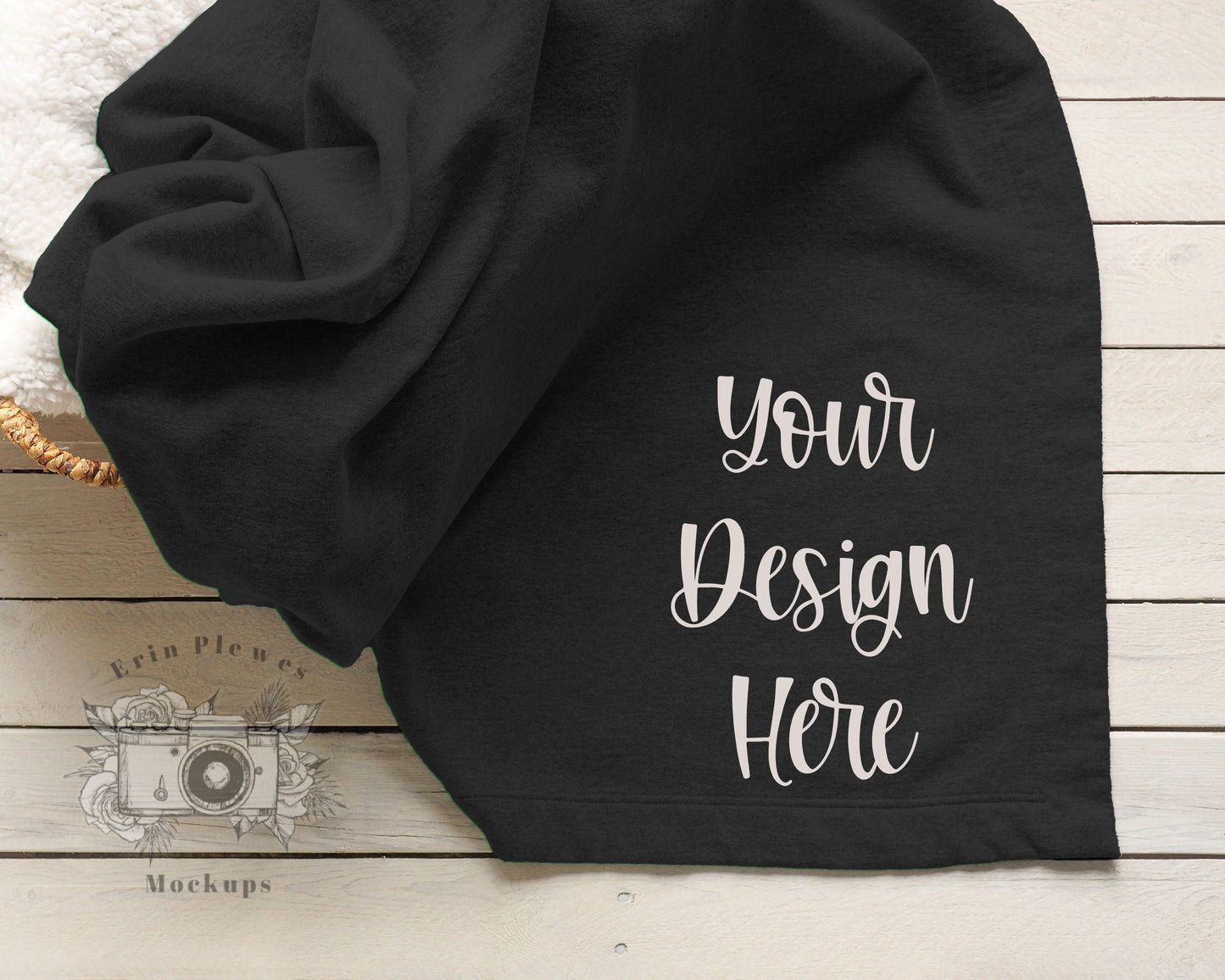 Blanket Mockup Black, Black Fleece Blanket Mockup in a Basket for Lifestyle Stock Photography, Stadium Blanket Mock Up Template