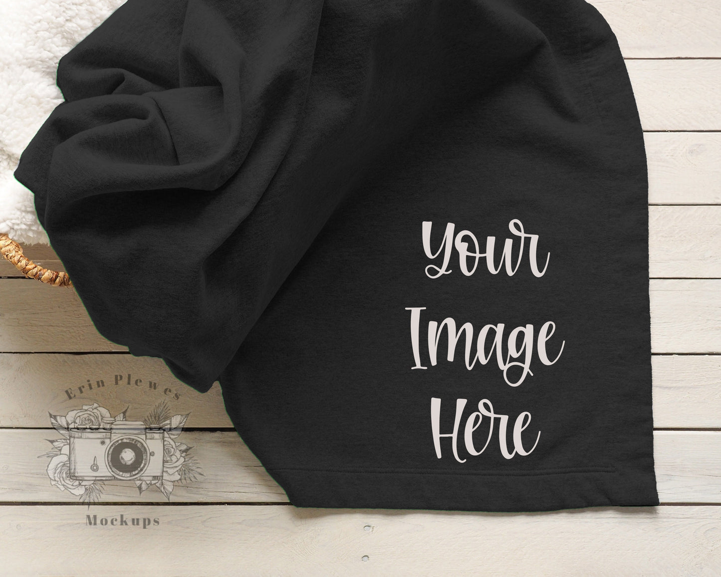 Blanket Mockup Black, Black Fleece Blanket Mockup in a Basket for Lifestyle Stock Photography, Stadium Blanket Mock Up Template
