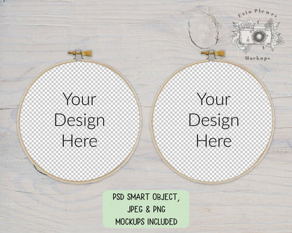 Embroidery Hoop Mockup Set , Cross Stitch Mock Up on rustic white wood, Sewing Mock-up, JPG PNG PSD Smart Object, Digital Download Template