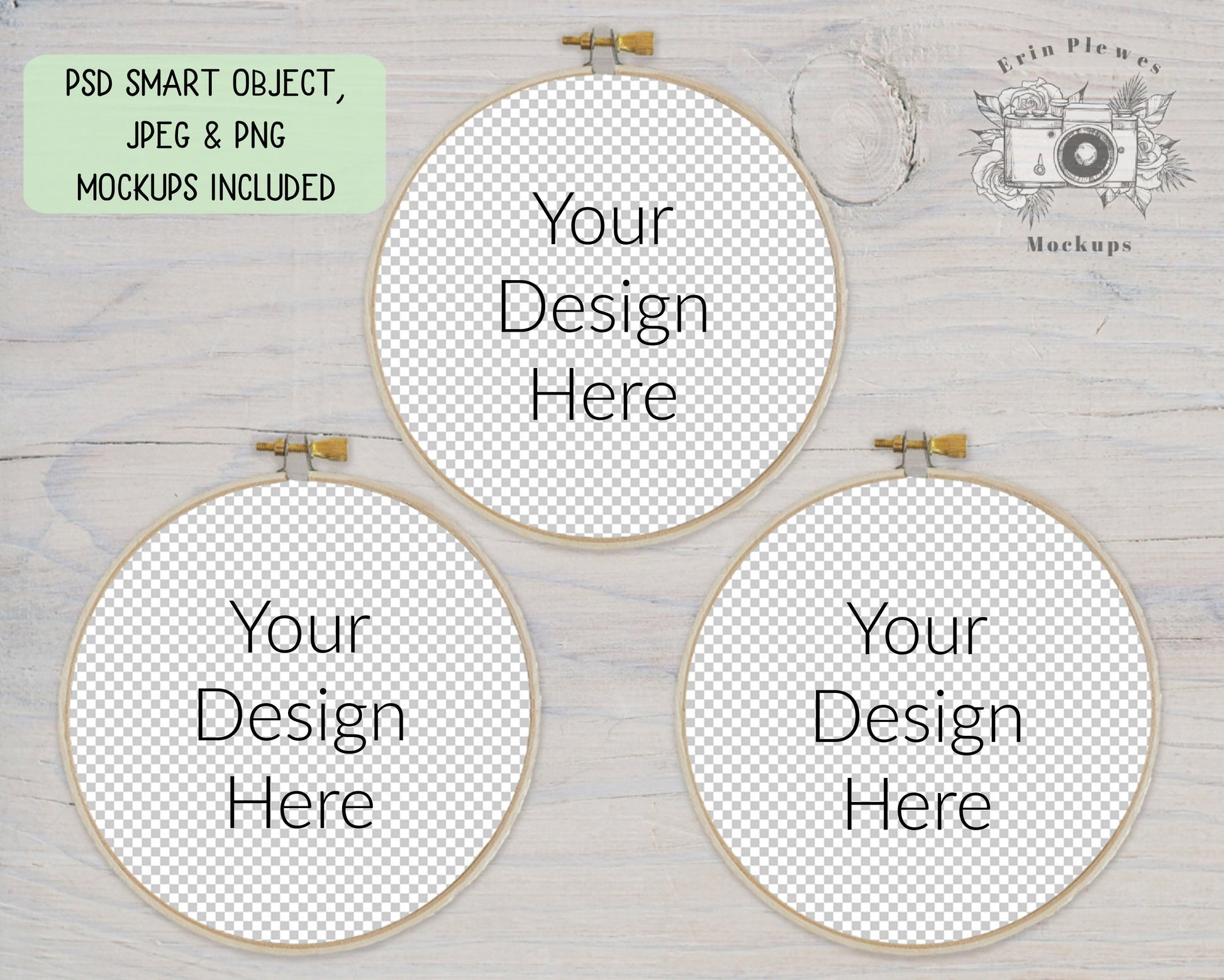 Embroidery Hoop Mockup Set of 3, Sewing Mock Up on Rustic White Wood, JPG PNG PSD Smart Object Digital Download Template