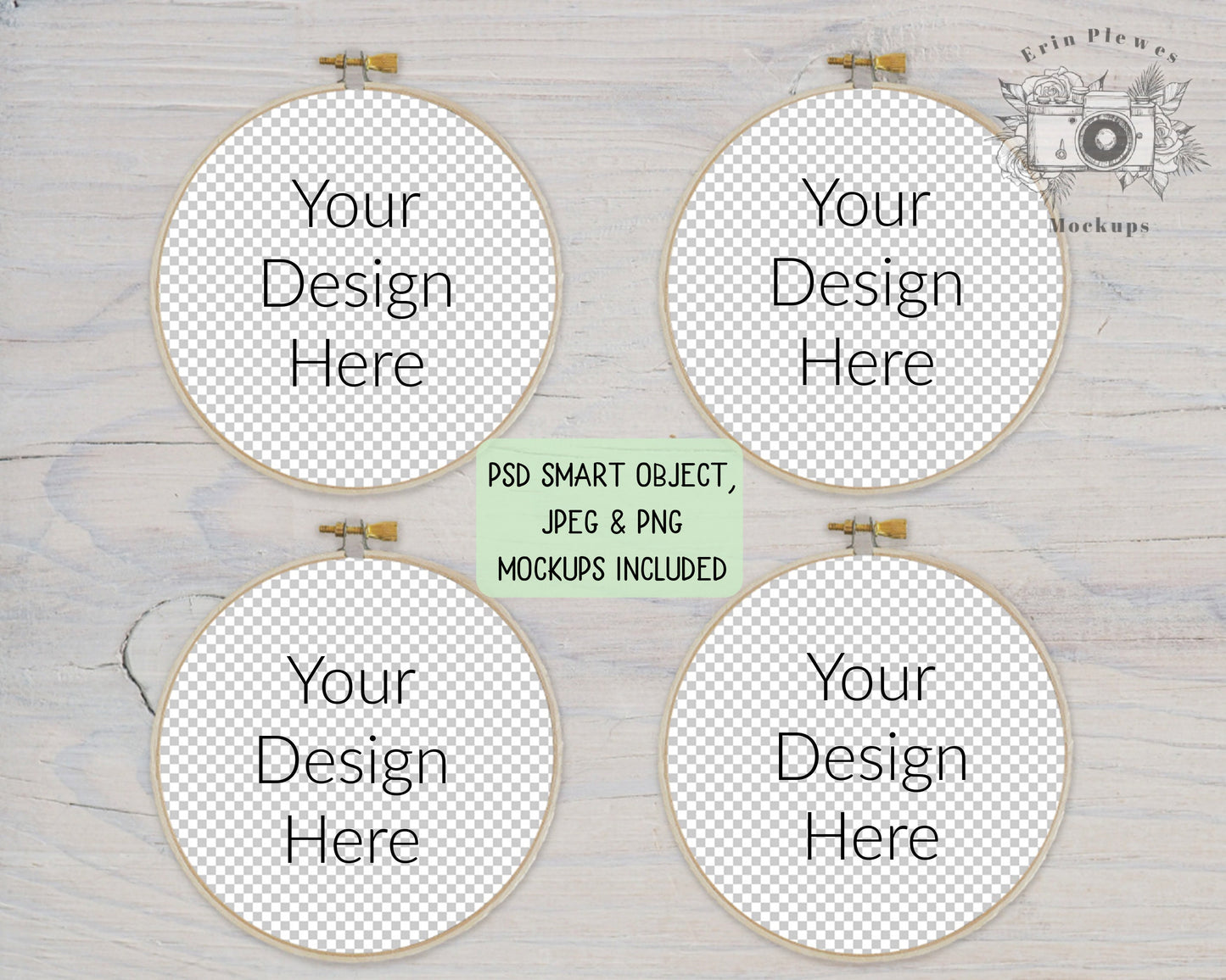 Embroidery Hoop Mockup Set of 4, Cross Stich Mock Up on Rustic White Wood, JPG PNG PSD Smart Object Digital Download Template