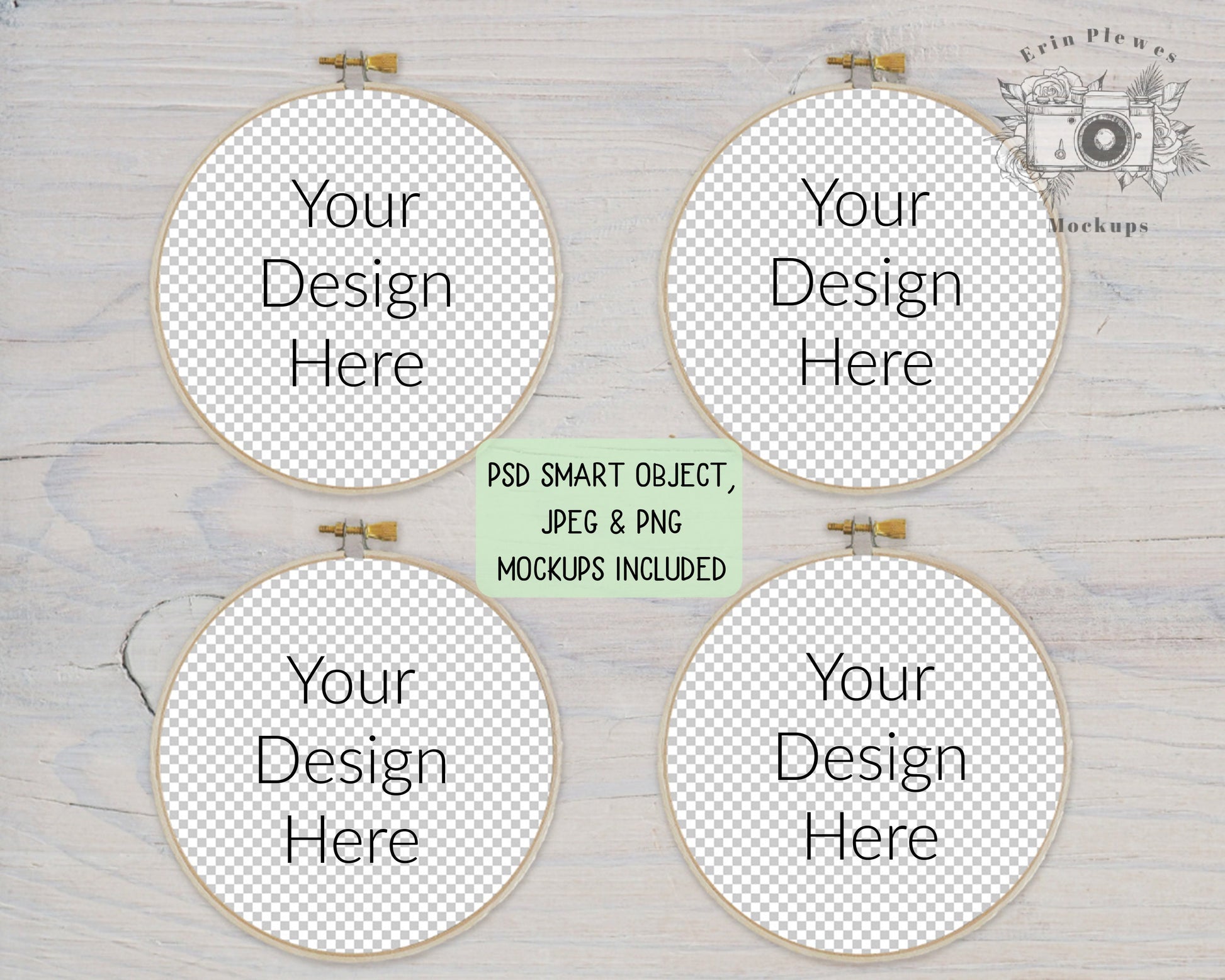 Embroidery Hoop Mockup Set of 4, Cross Stich Mock Up on Rustic White Wood, JPG PNG PSD Smart Object Digital Download Template