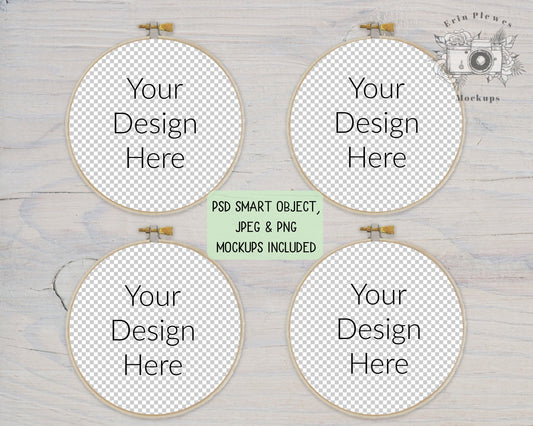 Embroidery Hoop Mockup Set of 4, Cross Stich Mock Up on Rustic White Wood, JPG PNG PSD Smart Object Digital Download Template