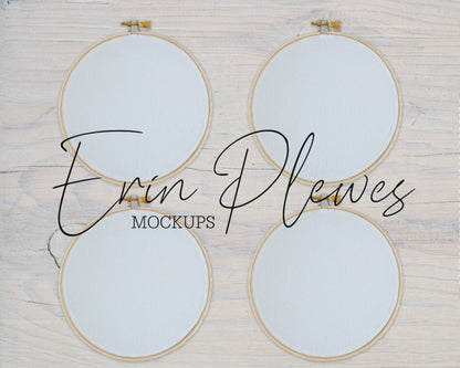 Embroidery Hoop Mockup Set of 4, Cross Stich Mock Up on Rustic White Wood, JPG PNG PSD Smart Object Digital Download Template