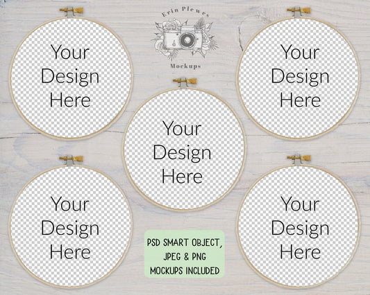 Embroidery Hoop Mockup Set of 5, Cross Stich Mock-Up on Rustic White Wood, PSD Smart Object Digital Download Template JPG PNG